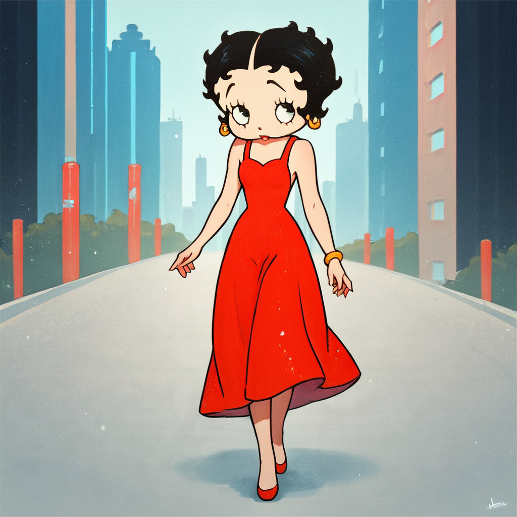 score_9, score_8_up, score_7_up, score_6_up, score_5_up, score_4_up, source_anime,  BettyBoob, flat color, red dress, black hair, walking, city