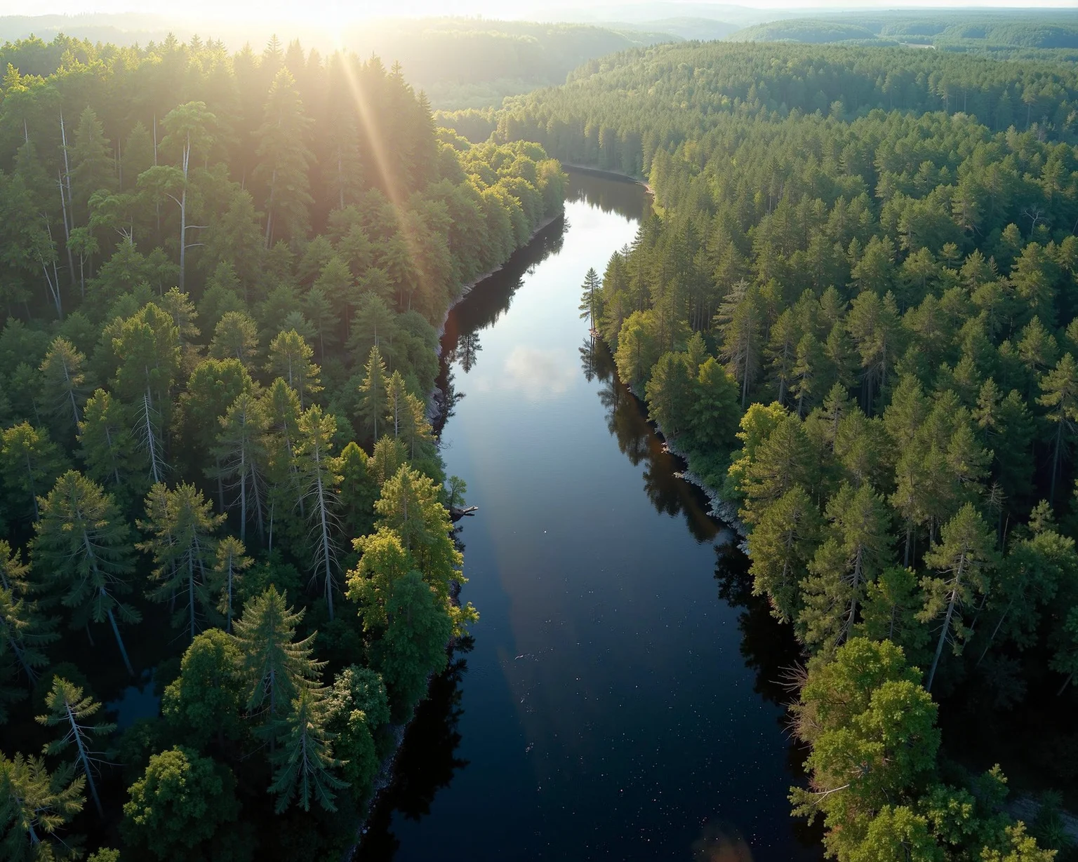 ultrasharp photograph, green and blue, spread focus. this high-resolution aerial photograph captures a serene, forest landscape in early summer. the image showcases a narrow, dark, winding river that cuts through a dense, deciduous forest. the forest is comprised of a mix of deciduous and coniferous trees, creating a thick, green blanket that contrasts starkly with the dark water below. the river, visible in the center of the photograph, is a deep, dark brown color, likely due to the water's depth and the shadows cast by the surrounding trees. the water's surface is relatively still, reflecting a small portion of the snow-covered landscape above. the background and foreground are filled with a dense canopy of trees, creating a sense of depth and isolation. the sunlight, possibly from the early morning or late afternoon, casts a warm, golden light on the forest, creating a subtle, natural glow that enhances the overall tranquil and warm summer atmosphere.