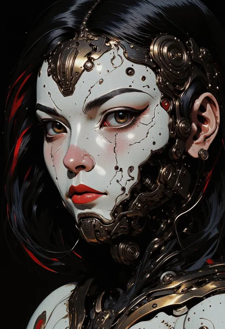 closeup portrait a ceramic oriental cyberpunk cyborg girl, black hair with red streak, dark eyeshadow, red lips, direct gaze, dark cyberpunk background