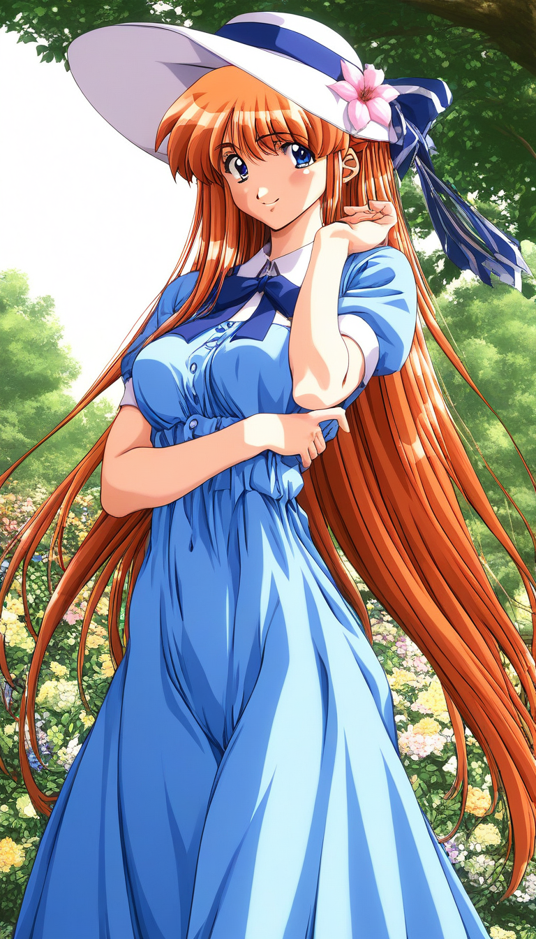 score_9, score_8_up, score_7_up, source_anime, rating_explicit, BREAK  <lora:Kobayakawa_Mizuho_XL:1> Kobayakawa_Mizuho, blue eyes, very long hair, orange hair, 1990s (style), bangs, breasts,
1girl, hat, solo, dress, sun hat, blue dress, outdoors, flower, ribbon, looking at viewer, hat flower, short sleeves, tree, day, bow, smile, half updo, blue bow, standing, cowboy shot
looking at viewer, sky, outdoor,