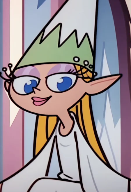 score_9, score_8_up, score_7_up BREAK QueenDD, 1girl, blonde hair, blue eyes, purple eyeshadow, pink lipstick, cleavaged white robe, white boots, green white princess cone hat, screenshot, official art, parody, cartoon footage, official design, screencap, cartoon screenshot, official screenshot, 2d, on model, full body, smiling at viewer, tall, long eyelashes,