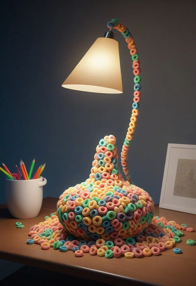 made of Fruit loops , epic picture of a desk lamp on a table, highly detailed, masterpiece, dramatic cinematic lighting, unforgettable, very intricate, high detail , photorealistic detail, ultra-realism , photorealistic, ultra detailed ,octane render, <lora:FruitLoopStyle_epoch_9:0.4>