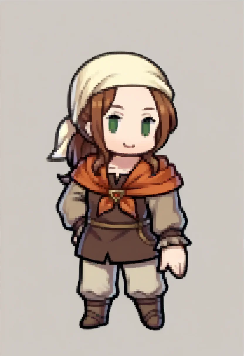 score_9, score_8_up, score_7_up, source_anime, BREAK 1girl, solo, <lora:Feh-Sprites-pdxl_Fp:1>, simple background, chibi, full body, <lora:Fates-villager-maiden-pdxl_Fp-000005:1>, fatesvillagemaiden, ponytail, bandana, brown hair, green eyes, brown shirt, long sleeves, neckerchief, pants, smile