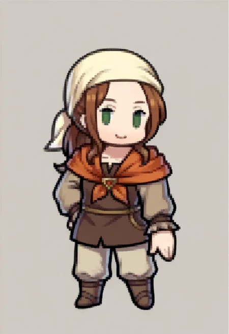 score_9, score_8_up, score_7_up, source_anime, BREAK 1girl, solo, <lora:Feh-Sprites-pdxl_Fp:1>, simple background, chibi, full body, <lora:Fates-villager-maiden-pdxl_Fp-000005:1>, fatesvillagemaiden, ponytail, bandana, brown hair, green eyes, brown shirt, long sleeves, neckerchief, pants, smile