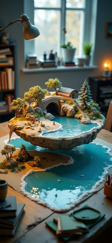 (indoor,very wide isometric view,tilt-shift lens:1.6), (windowless,miniature,miniature,diorama,miniature,diorama,PVC,plastic:2),dawn winter ,beach,brick arch bridge,road,tunnel at (floating island,levitating  island:1.5) on (table:2) at (study:2.5)   <lora:Diorama_Flux:1>