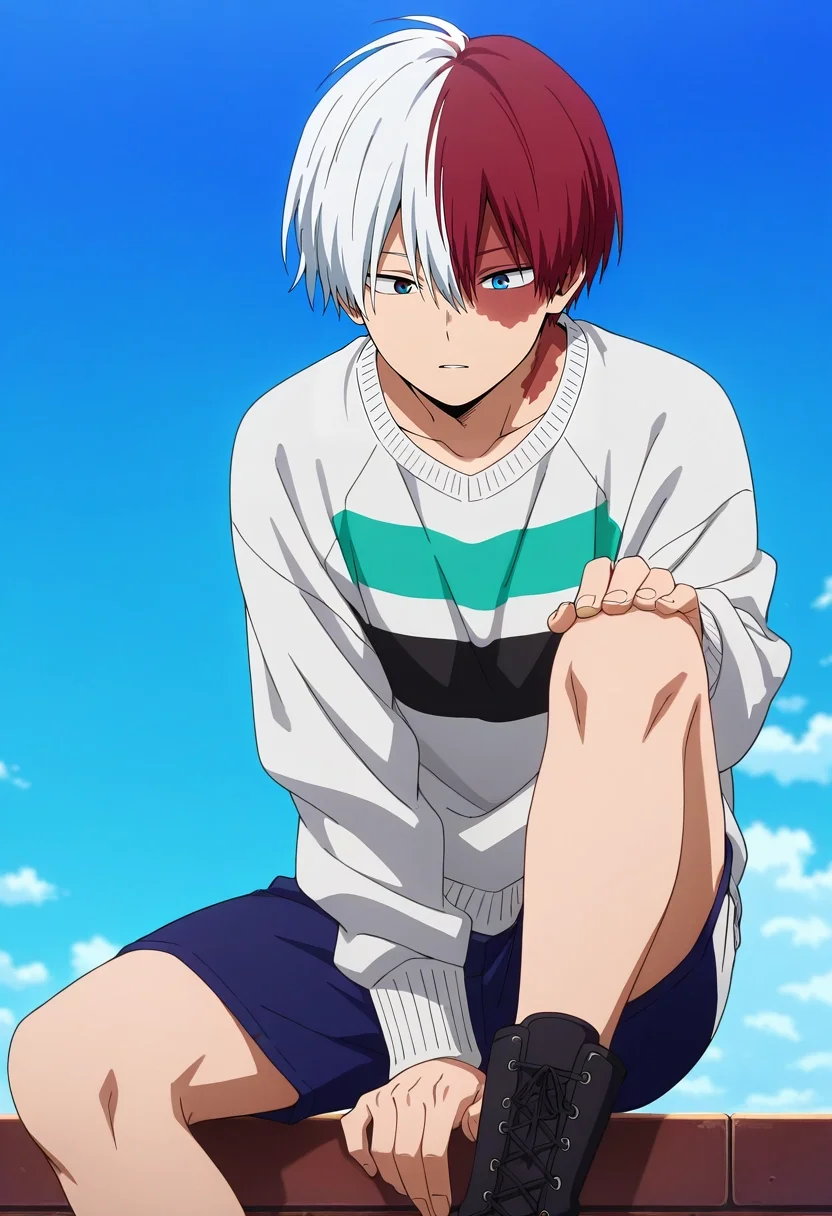 masterpiece, best quality, intricate details, anime screencap, , , , , 1boy, solo, male focus, <lora:shouto_todoroki_ilxl:0.9>, shouto_todoroki, white hair, red hair, grey eyes, blue eyes, heterochromia, short hair, hair between eyes, bangs, multicolored hair, two-tone hair, split-color hair, burn scar, scar on face, , Boardshorts, Color-block sweater, Chelsea boots, ,