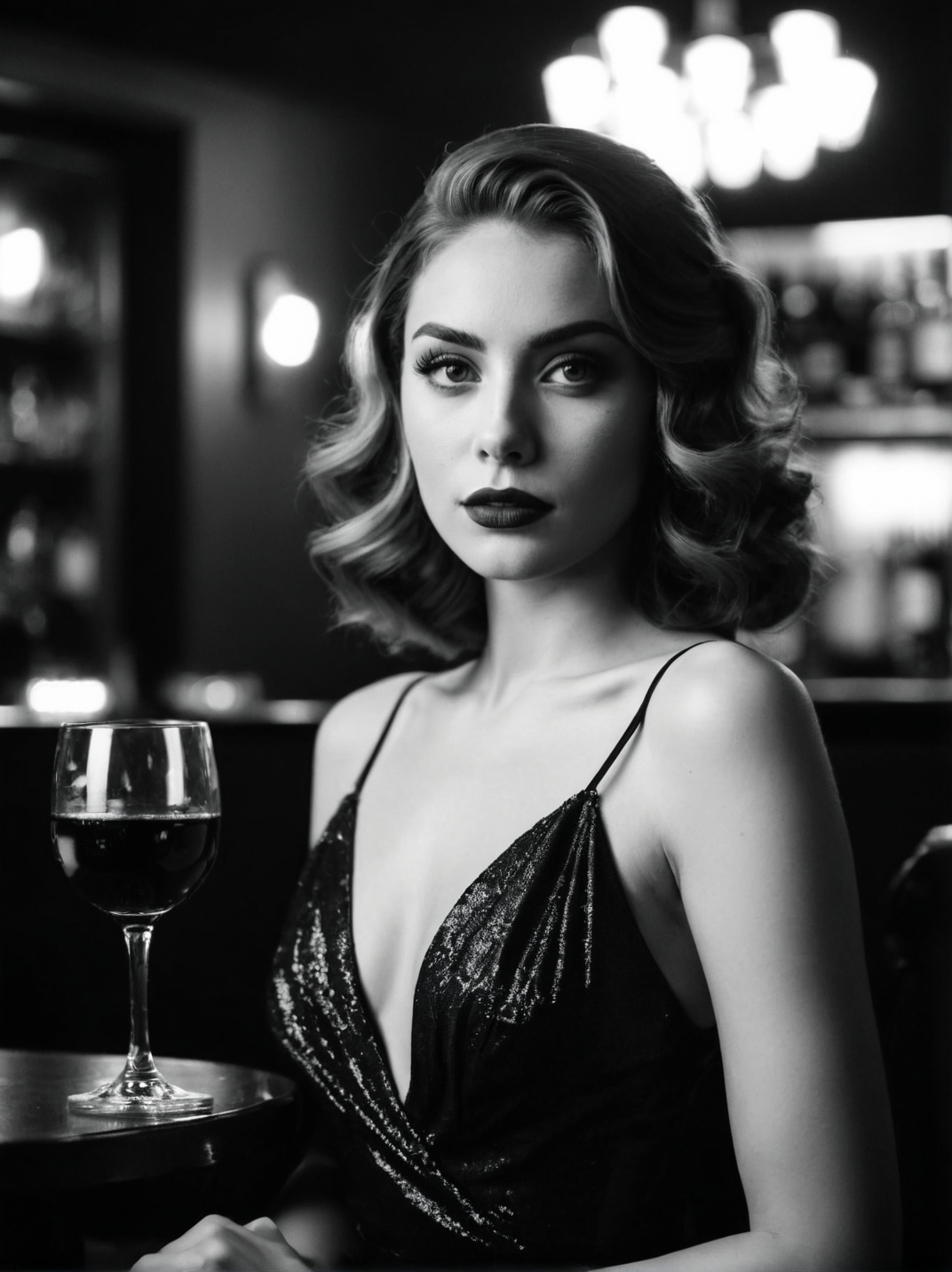 A dynamic cinematic photograph of Andrea_Michaels_P_MXAI_SDXL , red lips, dramatic makeup, sitting on a stool in a bar, 1930s speakeasy, holding a glass of red wine, mad-sincity, noir, B&W, volumetric smoke in the background, glam,, SK_CINEMATIC, ziprealism