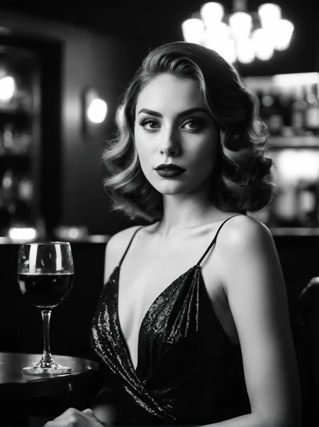 A dynamic cinematic photograph of Andrea_Michaels_P_MXAI_SDXL , red lips, dramatic makeup, sitting on a stool in a bar, 1930s speakeasy, holding a glass of red wine, mad-sincity, noir, B&W, volumetric smoke in the background, glam,, SK_CINEMATIC, ziprealism
