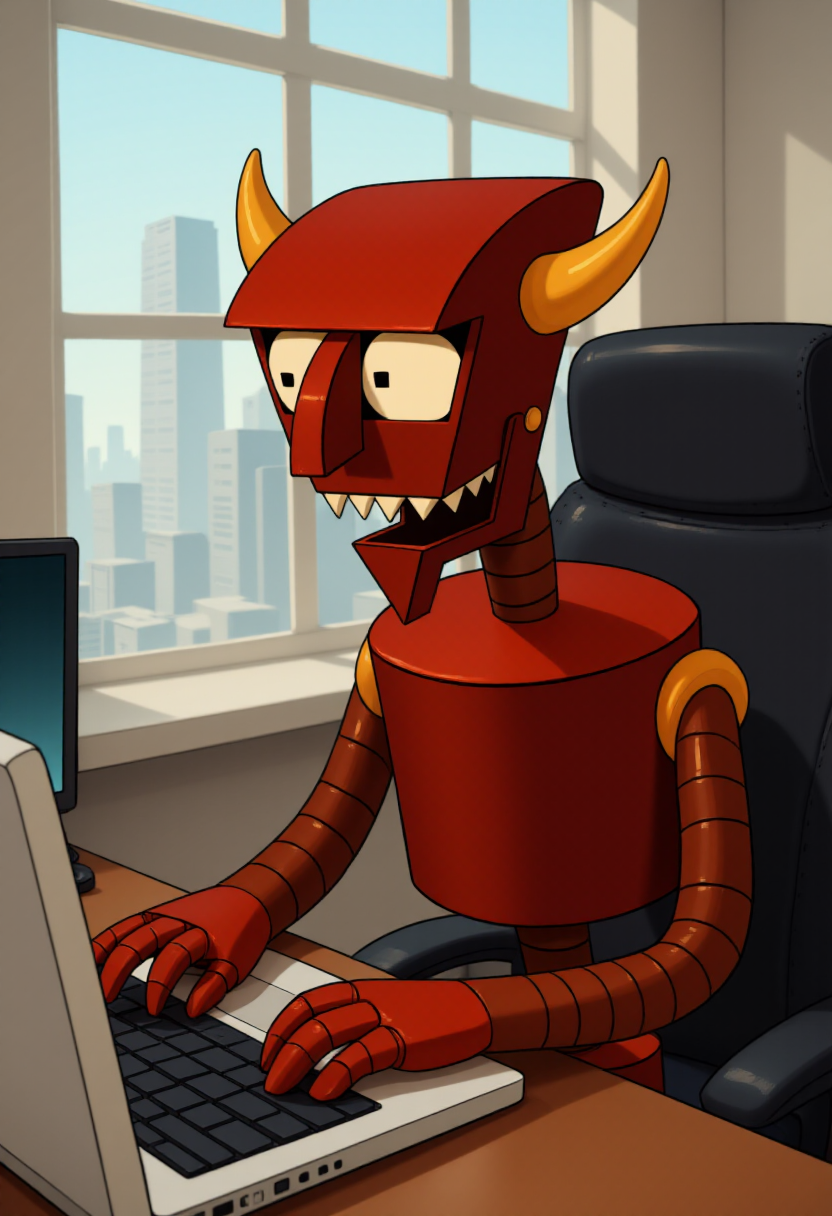 <lora:Beelzebot_Robot_Devil_-_Futurama_FLUX-000018:0.9> 
Cartoon image of a red robot named beelzebot sitting on an office chair, typing on a laptop keyboard. There is a website visible on the laptop screen: "CivitAI".