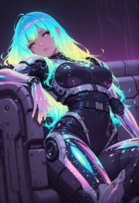 <lora:ck-shadow-circuit-IL:0.78>,
masterpiece, best quality, good quality, very aesthetic, absurdres, newest, 8K, depth of field, focused subject,
dynamic angle, dutch angle, wabi sabi, 1girl, holographic skin, holofoil glitter, faint, glowing, ethereal, neon hair, glowing hair, long hair, looking at viewer, relaxing, sci-fi
<lora:MoriiMee_Gothic_Niji_Style_Illustrious_r1:0.45>
<lora:ck-nc-cyberpunk-IL-000011:0.4>
<lora:ck-neon-retrowave-IL:0.8>