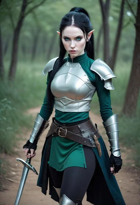 photo of cute (very pale skinned:1.4) ranger elf woman, (blue eyes), (long black hair, ponytail), makeup, (32B-26-37), 5'9, 140lbs, ArmoredDress, (wielding both a long and short sword:1.4), (Dark green Leggings). gothic, badlands, full body, HDR