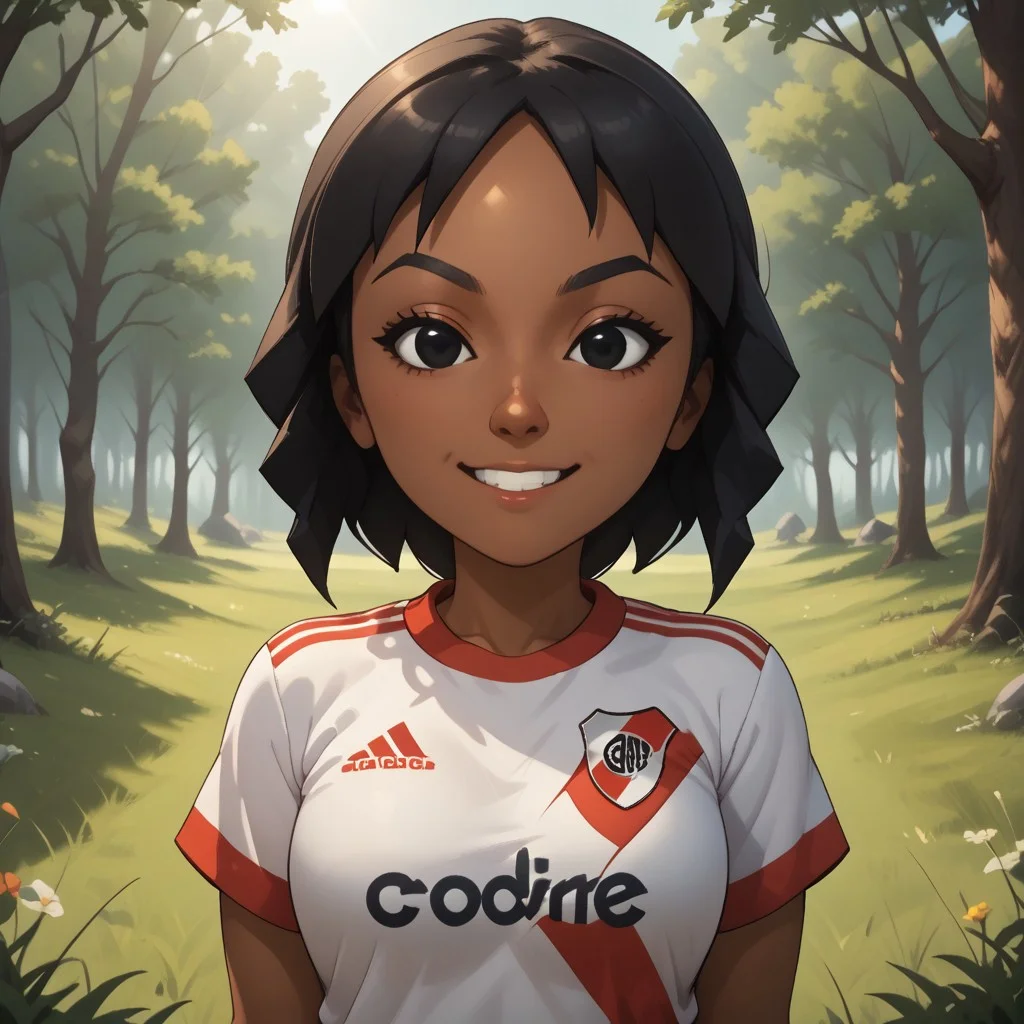 score_9, score_8, BREAK, solo, mii, wii, 1girl, female mii, wii sports, cute, black hair, black eyes, black eyebrows, RiverPlate, striped shirt, striped, shirt, white shirt, short sleeves, clothes writing, sportswear, soccer uniform, black pants, shoes, dark skin, dark skin female, Haru_(Wii_Sports), nintendo mii, modern_mii, classic_mii, adult female, mature female, breasts, sexy pose, self portrait, smile, outdoors, sunlight, shadows, evening lighting, natural lighting, forest, trees, grass, orange sky, sunset