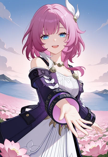 <lora:cyrene_illustrious-000060:1>,
cyrene \(honkai: star rail\),solo,dress,white dress,looking at viewer,long sleeves,smile,bare shoulders,hair ornament,jacket,jewelry,outdoors,sky,flower sea,upper_body,reaching_out,reaching,upper teeth only,