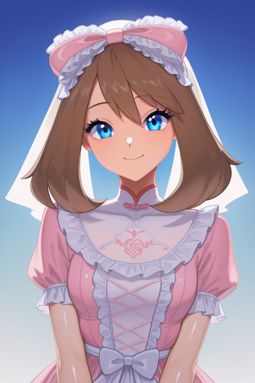 masterpiece, best quality, 1girl, solo, beautiful eyes, zzMay, may (pokemon), solo, brown hair, blue eyes, medium hair,  <lora:MayPokemonIXL_v2:1.0>, <lora:LFashionIXL_v2:1.0>, zzLFashion, frilled dress, frills, bow, dress, upper body, smile, looking at viewer, shiny skin,