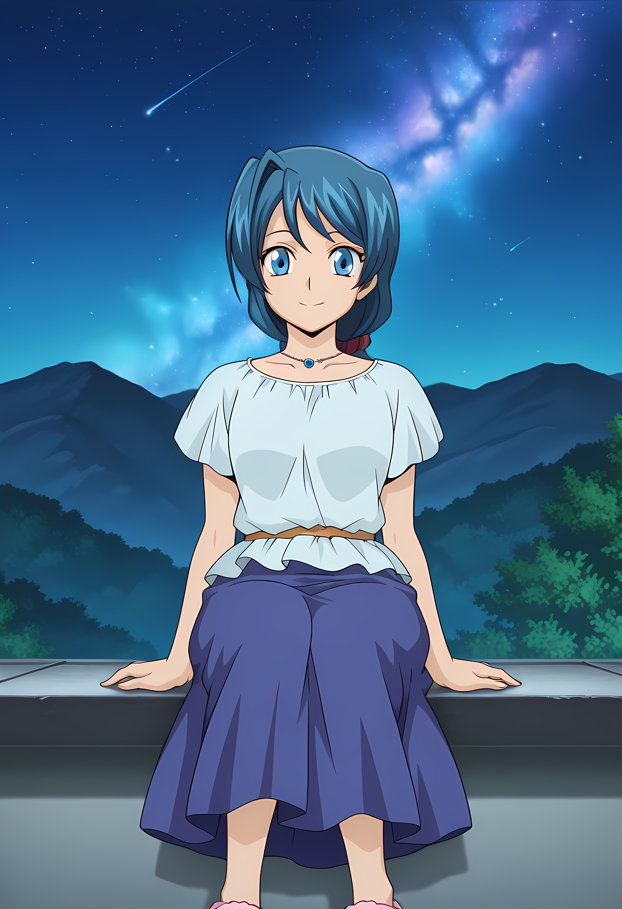 masterpiece,best quality,amazing quality,

1girl, solo, face focus,

Shizuka Sendou (Cardfight Vanguard), long hair, blue hair, blue eyes, necklace, jewelry, shirt, short sleeves, slippers, long skirt, blue skirt, 

cinematic, looking at viewer, smile,

Sit, leaning back, with two arms,

bloom, night, at mountain, greenery, galaxy sky, 

Official style, anime screencap, anime coloring, 
















