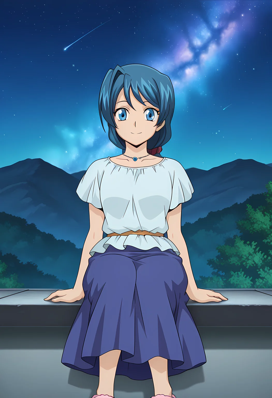 masterpiece,best quality,amazing quality,
1girl, solo, face focus,
Shizuka Sendou (Cardfight Vanguard), long hair, blue hair, blue eyes, necklace, jewelry, shirt, short sleeves, slippers, long skirt, blue skirt,
cinematic, looking at viewer, smile,
Sit, leaning back, with two arms,
bloom, night, at mountain, greenery, galaxy sky,
Official style, anime screencap, anime coloring,