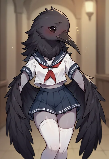 score_9, score_8_up, score_8, source_anime, source_furry, 1girl, <lora:Ornifex:0.75> colored skin, gray skin, no humans, chibi, cute solo, black feathers, wings, beak, blush, seifuku, sailor outfit, white thighhighs,
dungeon background, blurry background,