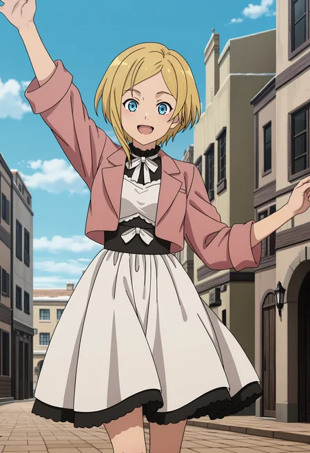 <lora:Sara_illustrious-000042:1>,
Sara,solo,smile,looking at viewer,open mouth,outdoors,dress,pink jacket,arm up,white dress,sky,bow,building,day,brown jacket,:d,white bow,anime screencap