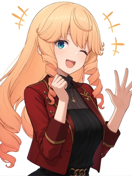 masterpiece,best quality,newest,
1girl,solo,
<lora:Nicole_Francisca_ilxl_v1.0>,nicole_f,blonde hair,grey gradient hair,blue eyes,
u.r.k,necklace,red jacket,black dress,turtleneck,
<lora:Fixhands_anime_bdsqlsz_V1:1>,upper_body,laughing,one eye closed,waving,happy aura,white_background,simple_background,face_focus,