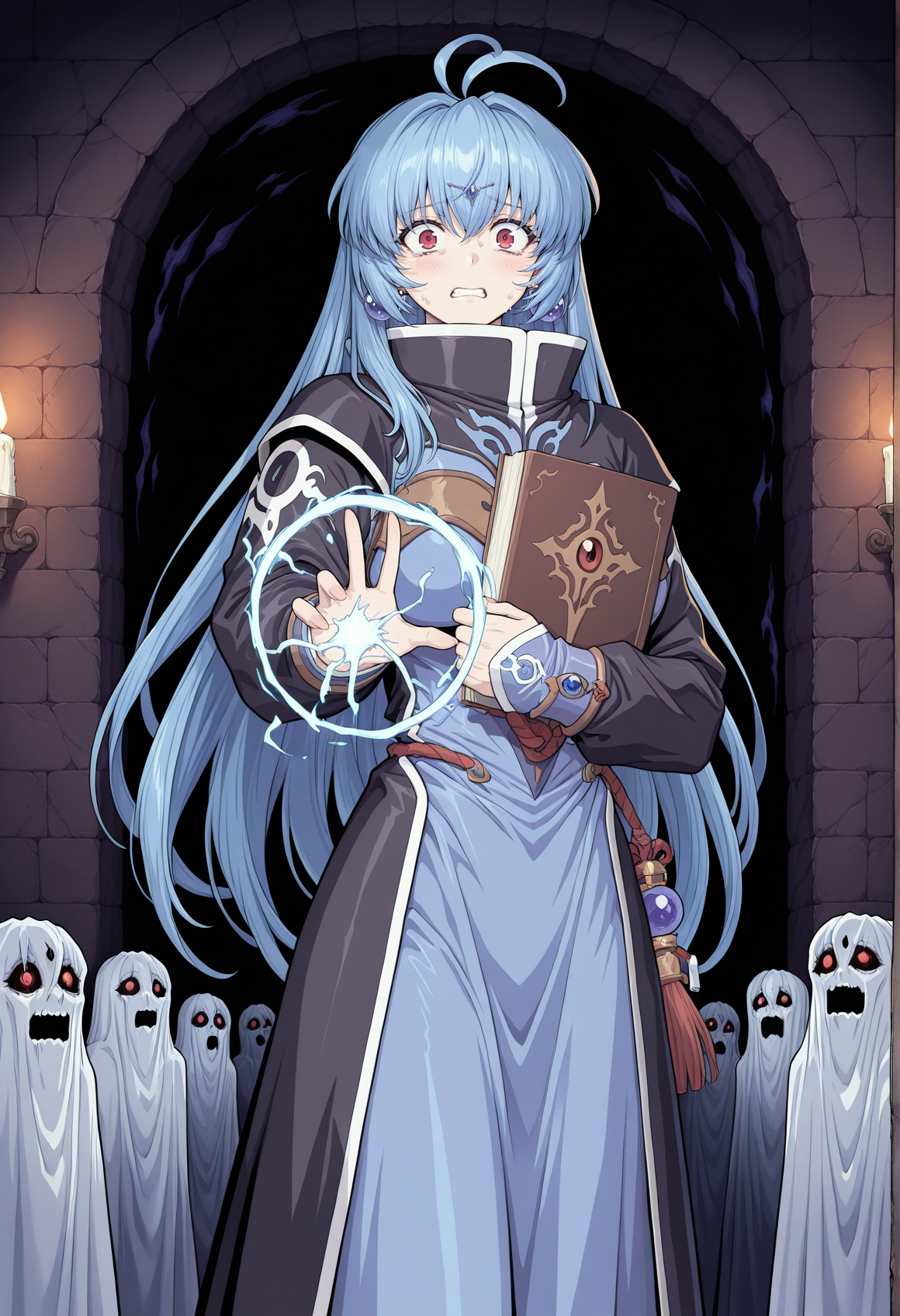 horror \(theme\), 1girl, solo, 1girl, double ahoge, long hair, blue hair, red eyes, jewelry, earrings, forehead jewel, blue dress, black coat, high collar, standing, indoors, dungeon, darkness, outstretched arm, surrounded, ghosts, monster, holding book, casting spell, scared   <lora:Alicia_brave_soul_mogu:1>, masterpiece, best quality, amazing quality, very aesthetic, absurdres, highres, newest