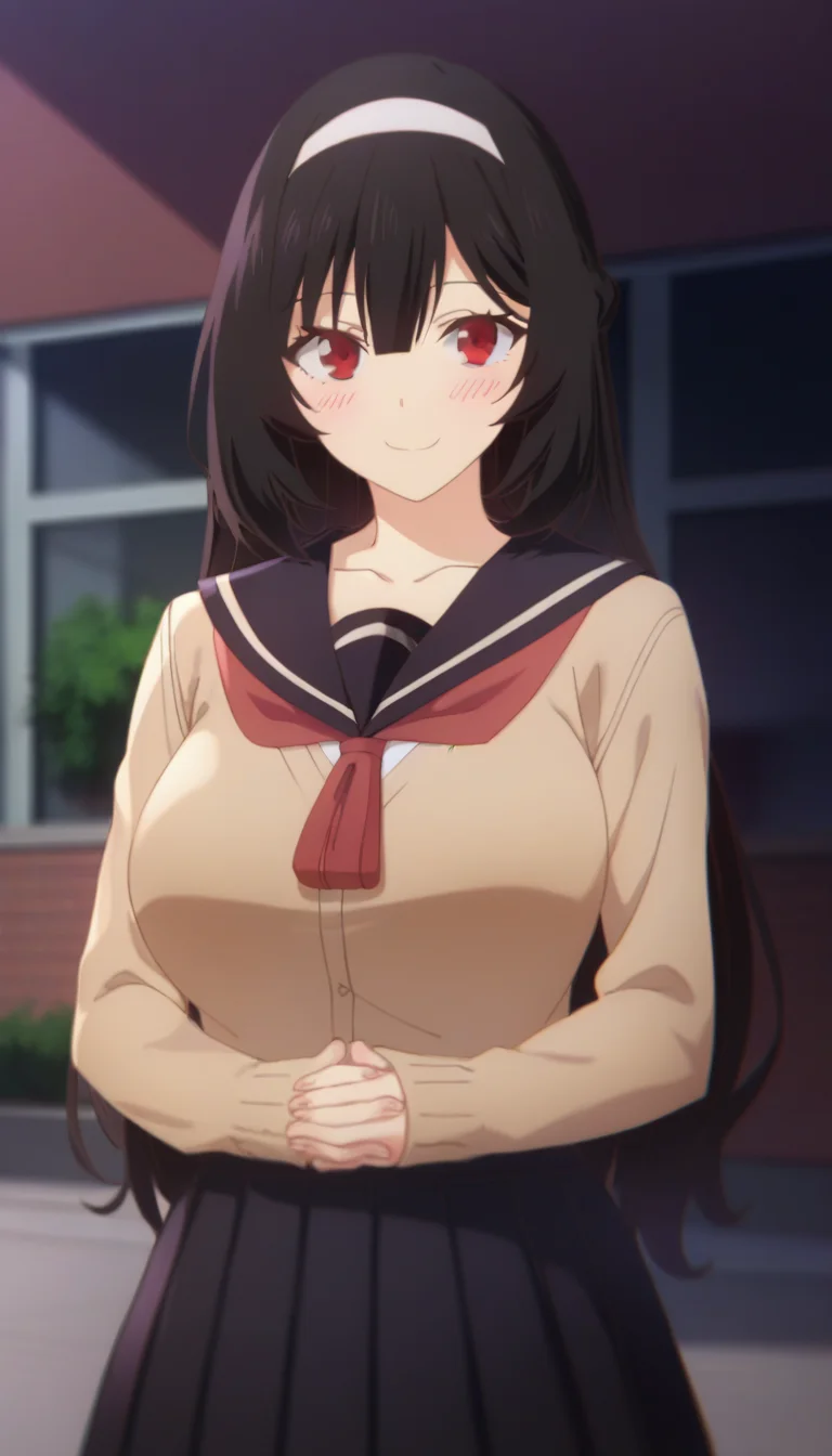 score_9,score_8_up,score_7_up,score_6_up BREAK official art,solo,outdoors,upper body,looking at viewer,facing viewer,smile,blush,Karen Inukai,long hair,black hair,white hairband,braid,hair between eyes,parted bangs,red eyes,collarbone,school uniform,black sailor collar,brown cardigan,red neckerchief,long sleeves,large breasts,skindentation,miniskirt,black skirt,pleated skirt,black pantyhose,loafers,brown footwear,<lora:Karen Inukai(mlid)-Pony:1.8>,