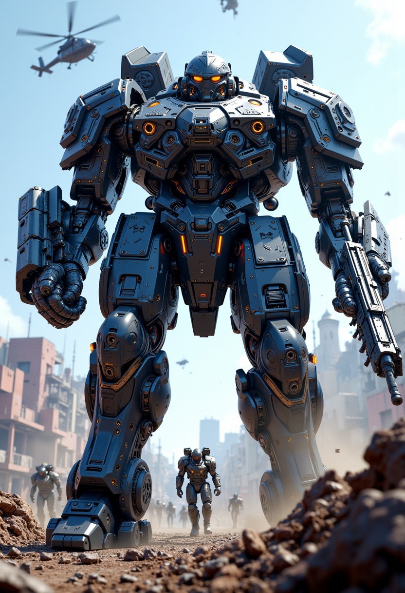 a huge high end bipedal robot battle unit, dark blue and neon power armor, detailed cyberhelmet, robot joints and circuits, holding an assault rifle, fighting in a battle on a futuristic sci-fi battleground, smoke, ruins, soldiers in power armor also advancing (size difference), attack helicopter, armored vehicles, intricate detail. Perfect Composition, realistic photographic image, RAW photo highest quality, perfect directional lighting, mythp0rt