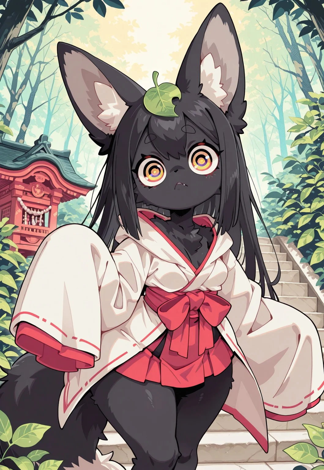 S4bit4mago_illu, anime style, s0wasow4rt_illu, halftone, detailed background, score_9, score_8_up, score_7_up, cartoon_type, (solo) masterpiece, (close up:2.36), very aesthetic, fluffy fur, (1 beautiful fox girl), 1 girl, fluffy, anthro, ((cute theme)), source_anime, lustrous black fur, large sleeves, oversized sleeves, sleeves over hands, (large eyes), body covered, leaf on top of head, lidded eyes, straight hair, small breasts, slightly perky breasts, short skirt, huge ass, wide hips, back arched, shrine maiden robes, detailed background, depth of field, standing on stairs, in foliage, cute fang, placid look, wearing cloak, curvy, glossy body, puzzled look, , perfect eyes,