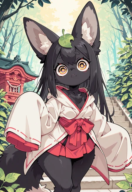 S4bit4mago_illu, anime style, s0wasow4rt_illu, halftone, detailed background, score_9, score_8_up, score_7_up, cartoon_type, (solo) masterpiece, (close up:2.36), very aesthetic, fluffy fur, (1 beautiful fox girl), 1 girl, fluffy, anthro, ((cute theme)), source_anime, lustrous black fur, large sleeves, oversized sleeves, sleeves over hands, (large eyes), body covered, leaf on top of head, lidded eyes, straight hair, small breasts, slightly perky breasts, short skirt, huge ass, wide hips, back arched, shrine maiden robes, detailed background, depth of field, standing on stairs, in foliage, cute fang, placid look, wearing cloak, curvy, glossy body, puzzled look, , perfect eyes,
