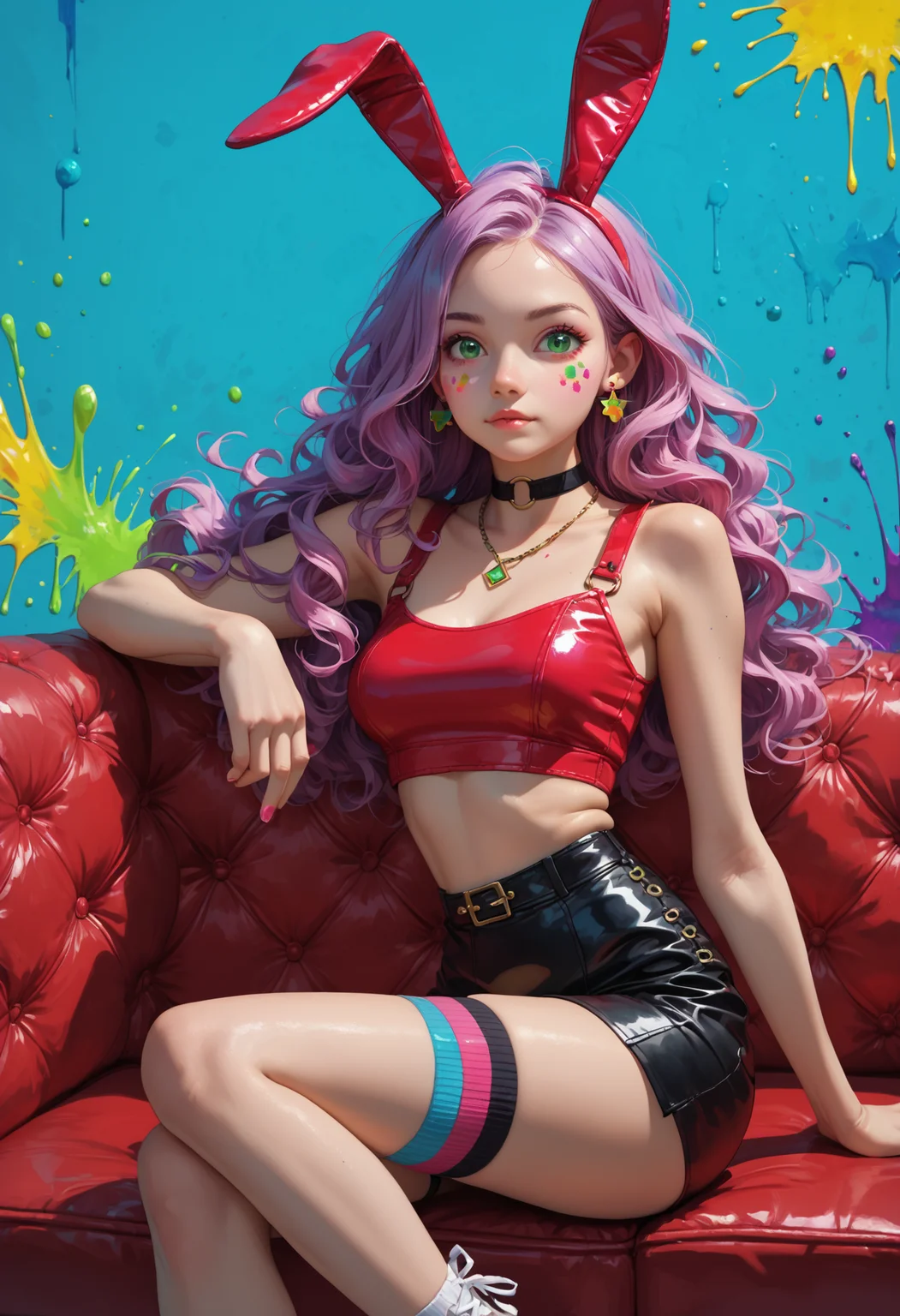 score_9, score_8_up, score_7_up, score_6_up,1girl solo, gorgeous girl, cute face, green eyes,  long wavy hair, <white laced crop top:1.2> , black choker,colourful paint splash background, slim thick, pink purple hair, necklace, earrings, dynamic post, leather mini-skirt,  Thigh High Sock,   medium breasts, long legs, bare feet,  oily skin, red leather sofa bunny ears <lora:add-detail-xl:0.7> <lora:sinfully_stylish_PONY_0.2:0.5>   <lora:incase-ilff-v3-4:0.8> <lora:th3rm4lXLP:0.3> <lora:AnzhcDreamwave XL:0..3> <lora:EXcum:0.5>