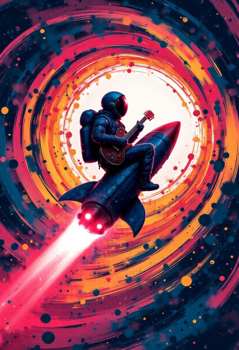 cinna flow, rainbow ink splats, monochrome, an astronaut riding a rocket ship through a portalvwhile playing the guitar, Rainbow ink splats speed trail. Very detailed, vibrant colors