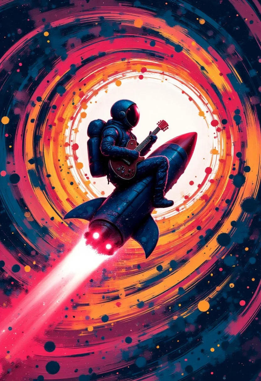 cinna flow, rainbow ink splats, monochrome, an astronaut riding a rocket ship through a portalvwhile playing the guitar, Rainbow ink splats speed trail. Very detailed, vibrant colors
