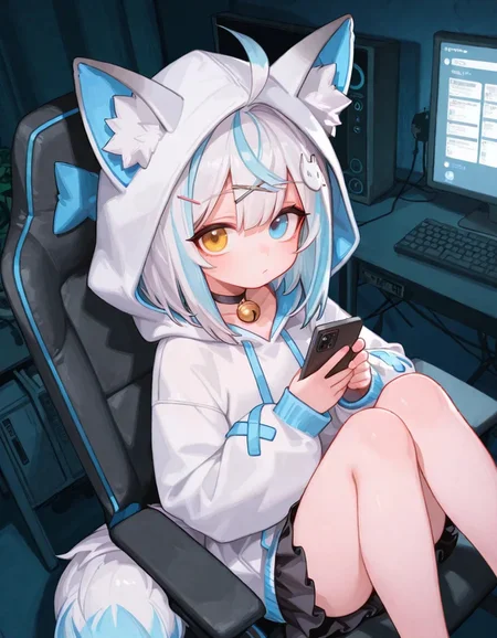 1girl, solo, white hair, multicolored hair, two-tone hair, streaked hair, blue hair, medium hair, ahoge, heterochromia, yellow eyes, blue eyes, x hair ornament, fox hair ornament, fox ears, animal ear fluff, fox tail, choker, bell, white hoodie, animal hood, hood up, (black camisole:0.7), bow, long sleeves, overfitting, black skirt, miniskirt, frills, detailed background, on chair, (knees up), monitor, dark room, from above, holding phone, looking at viewer, 