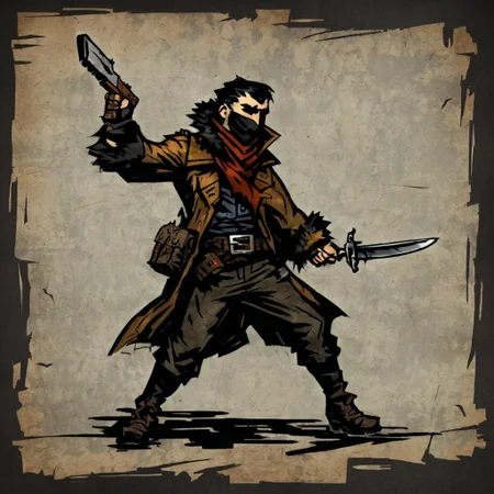DarkestDungeon, intricate fullbody portrait, gorgeous 19th century painting by John Longstaff, ((DDHeroHighwayman)), comicish artwork in dgst artstyle of fullbody male highwayman fighting, action shot, 1boy (red neckerchief covering mouth, short black hair, rugged, muscular, ((coat with fur collar)), belt, masculine, leather boots), bandit, front on, arms crossed, lower face covered, action fight, knife fight, dramatic, duel stance, grey background
