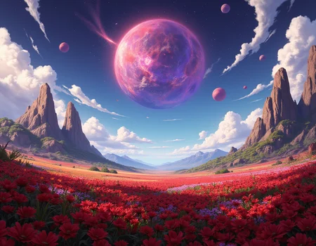 video game concept art, 2d game art, [art by Krenz Cushart| Clint Langley], concept art, landscape of a (Gusty Garden Galaxy:1.3) from inside of a Biosphere habitat on an asteroid, flower field, Summer, Ultra Detailed, Rule of Thirds, soft lighting, full of dark red, Swirling Plating, anime style, close-up, science fiction, dynamic cinematic color, very coherent, polished, complimentary colors, fertile, extremely stylish