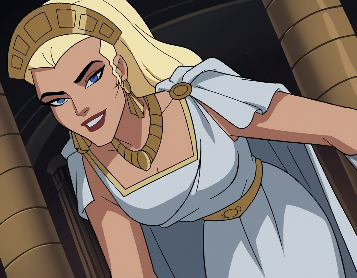 score_9, score_8_up, score_7_up, source_anime,
hippolyta, <lora:hippolyta-dcau-ponyxl-lora-nochekaiser:1>,
hippolyta, long hair, blue eyes, blonde hair, makeup, lipstick,
dress, jewelry, earrings, cape, white dress, necklace, crown, tiara,
indoors, bent over, smile,
cowboy shot, looking at viewer, solo, dutch angle,
