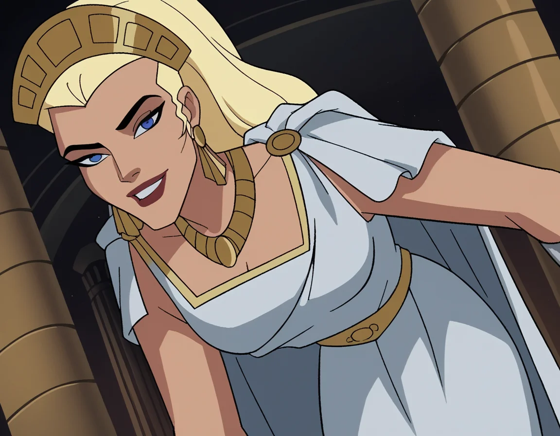 score_9, score_8_up, score_7_up, source_anime,
hippolyta, <lora:hippolyta-dcau-ponyxl-lora-nochekaiser:1>,
hippolyta, long hair, blue eyes, blonde hair, makeup, lipstick,
dress, jewelry, earrings, cape, white dress, necklace, crown, tiara,
indoors, bent over, smile,
cowboy shot, looking at viewer, solo, dutch angle,