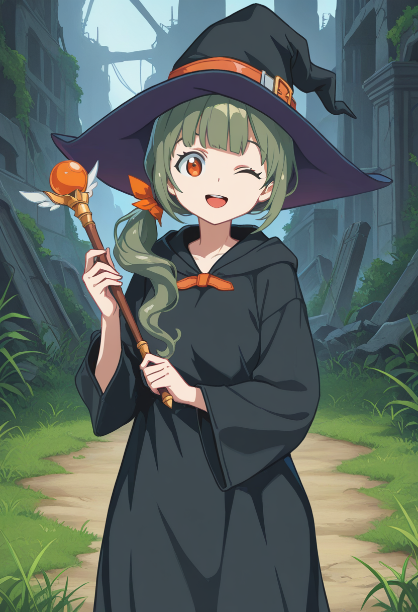 1girl, solo, lrheroine, green hair, side ponytail, long hair, blunt bangs, hair ribbon, orange eyes, black robe, hooded robe, long sleeves, holding wand, grass, old ruins, witch hat, looking at viewer, open mouth, smile, wink, cowboy shot, straight on, looking at viewer,