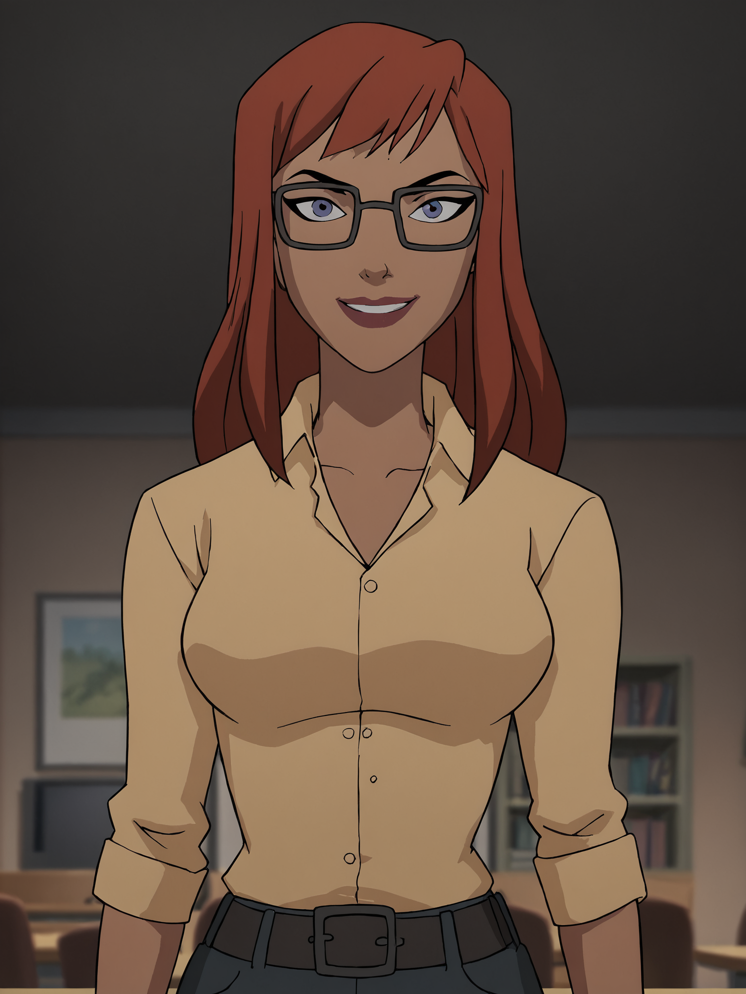 <lora:BatgirlPony1.0:1> BarbaraG, 1girl, solo, glasses, looking at viewer, long hair, red hair, shirt, upper body, belt, makeup, black-framed eyewear, indoors, collared shirt, breasts, smile,  looking at viewer, score_9, score_8_up, score_7_up, score_6_up, score_5_up, score_4_up