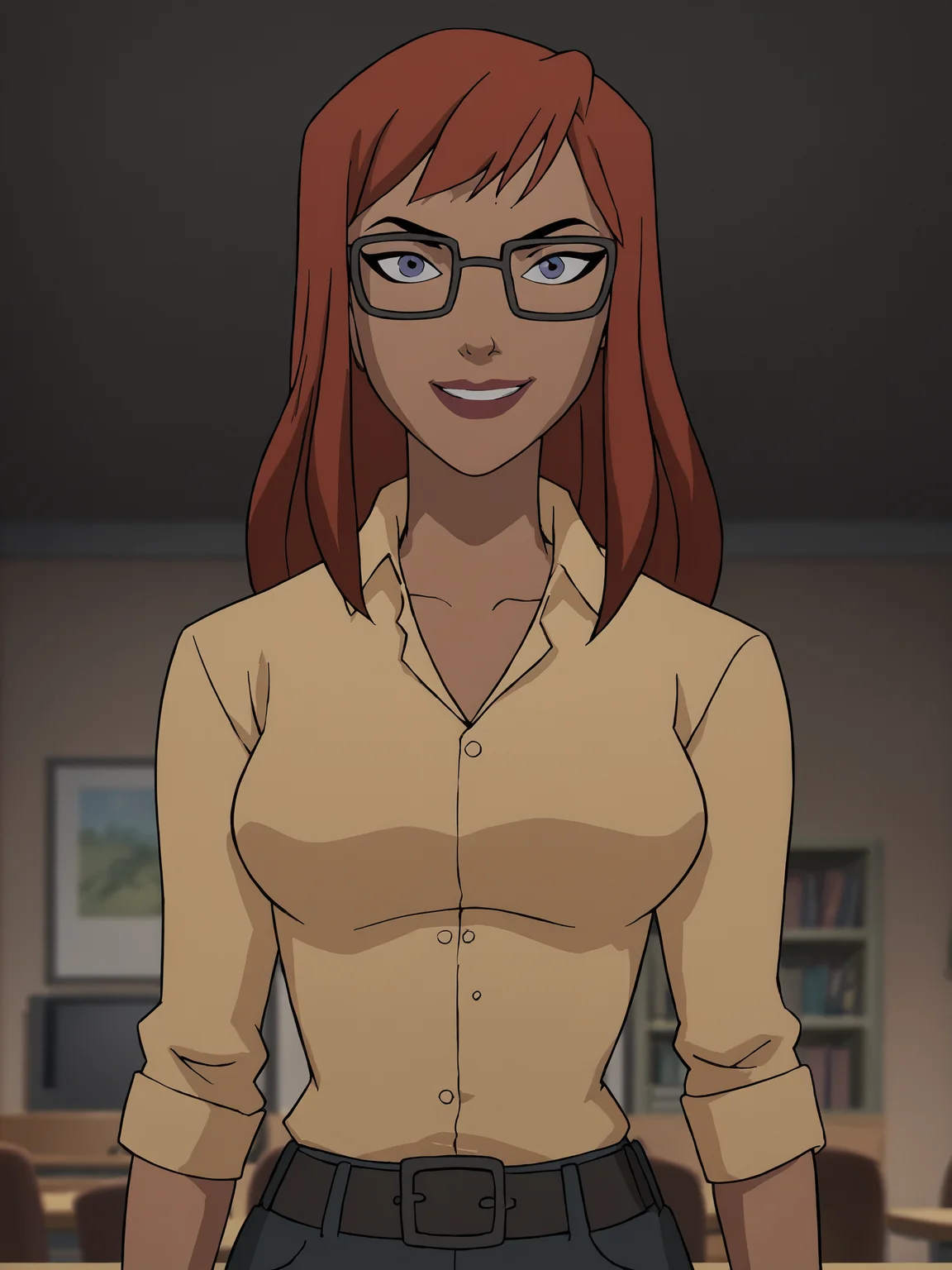 <lora:BatgirlPony1.0:1> BarbaraG, 1girl, solo, glasses, looking at viewer, long hair, red hair, shirt, upper body, belt, makeup, black-framed eyewear, indoors, collared shirt, breasts, smile, looking at viewer, score_9, score_8_up, score_7_up, score_6_up, score_5_up, score_4_up