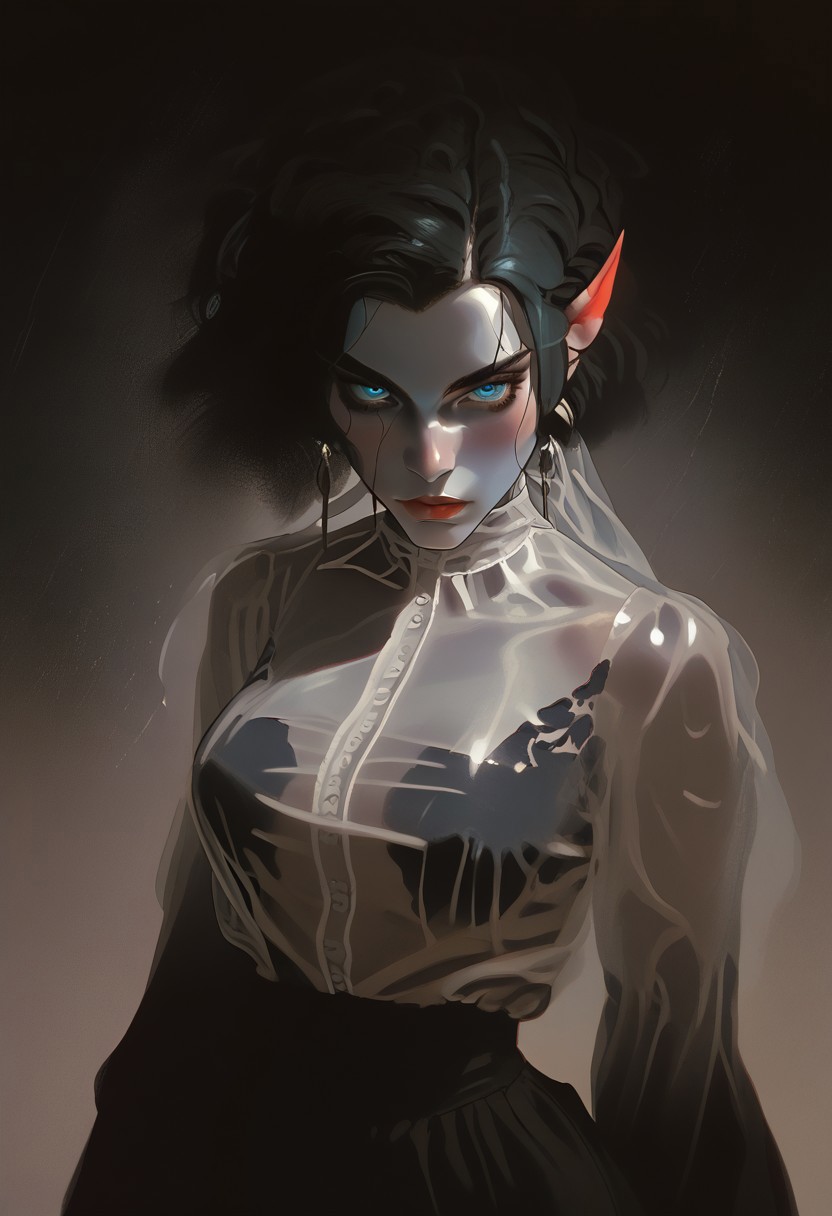 score_9, score_8_up, score_7_up,
1 girl, solo,
elf woman, beautiful, delicate,
black hair, slicked hair, large breasts,
pale skin, milky skin,
light blue eyes, looking at viewer,
petite body, dark elvish make-up,
dark blue intricate dress, thin translucent gown,
dynamic pose, sexy posing,
fantasy, elvish style,