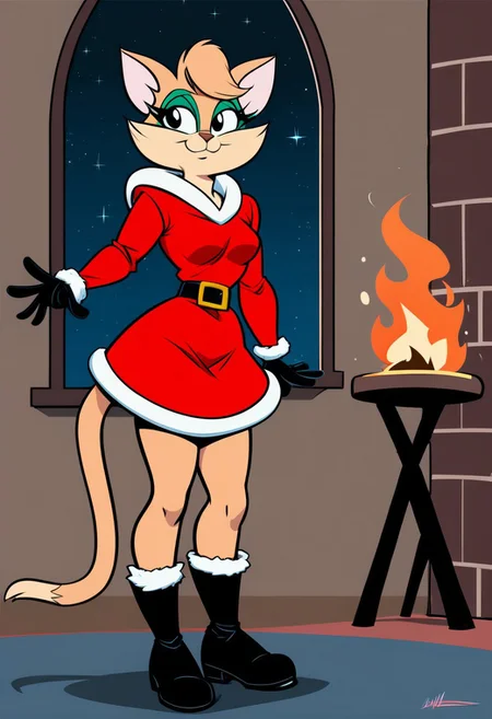 score_9, score_8_up, score_7_up, score_6_up, score_5_up, score_4_up, retro artstyle, BREAK
Tabitha_Fantomcat,cat girl,short hair,1girl, red dress, furry female, dress, smile, furry, solo, christmas,black eyes, pink fur, night, fur trim, fire, fur-trimmed dress, animal ears, long sleeves, animal nose, window, breasts, boots, santa costume, standing, black footwear, fireplace, gloves, fur-trimmed sleeves,short hair, sky, star \(sky\), bag, alternate costume, looking to the side, closed mouth, night sky, belt, happy, santa dress, small breasts, indoors, medium breasts
<lora:tabitha-v1:1>