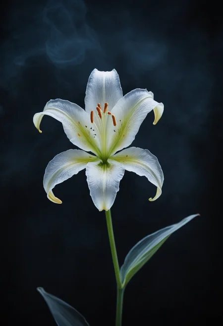 ais-ghostly, single lily in the style of an X-ray, on a dark bokeh background