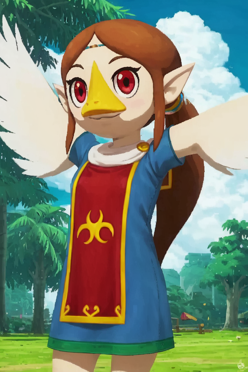 score_9, score_8_up, score_8, medium breasts, (curvy), cute, eyelashes,       BREAK, ,  <lora:MedliZelda_PDXL_v2:0.8>,  zzMedli, solo, 1girl, brown hair, beak, pointy ears, bird, long hair, long hair, red eyes, ponytail, blue dress, red tabard,, BREAK, smile, looking at viewer, cowboy shot, outdoors, sky, day, cloud, tree, blue sky, sunny,  Expressiveh, <lora:Alola_Style_PDXL:0.8>,  <lora:Expressive_H-000001:0.4>,