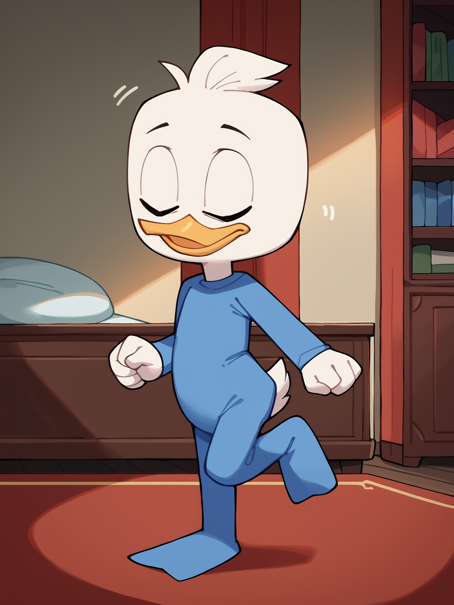score_9, score_8_up, score_7_up, score_6_up, score_5_up, best quality, highres, source_furry, gjem, (indoors, sleepwalking, upper body:1.2)
1boy, male, solo, young, duck, beak, deweypdxl, short tail, on one leg, blue onesie, bodysuit, beak, blue legs, socks, white body, eyes closed, hair tuft, <lora:Dewey_Duck:0.9>
