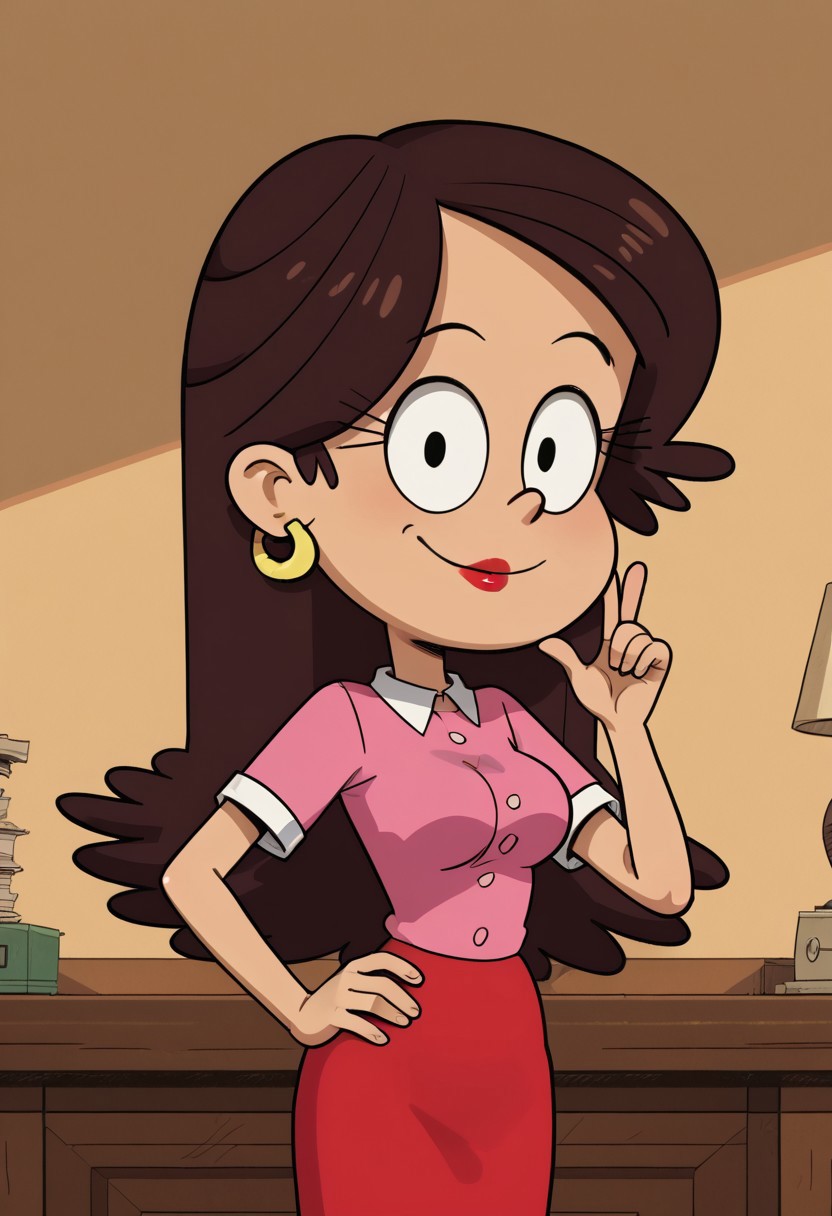 ((room background)), score_9, score_8_up, score_7_up,score_6_up,
1girl, solo, MsDiMartino_TLH, light brown skin, brown hair, long hair, black eyes, gold earrings, red lipstick, pink shirt with white collar, red skirt, black high heels, smile, perfect smile, tall, perfect eyes, looking at viewer, big breasts, standing, (bust shot) five fingers, perfect hands, (hand on hip, hand up)
