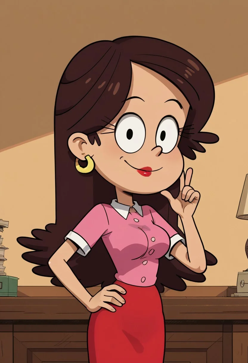 ((room background)), score_9, score_8_up, score_7_up,score_6_up,
1girl, solo, MsDiMartino_TLH, light brown skin, brown hair, long hair, black eyes, gold earrings, red lipstick, pink shirt with white collar, red skirt, black high heels, smile, perfect smile, tall, perfect eyes, looking at viewer, big breasts, standing, (bust shot) five fingers, perfect hands, (hand on hip, hand up)