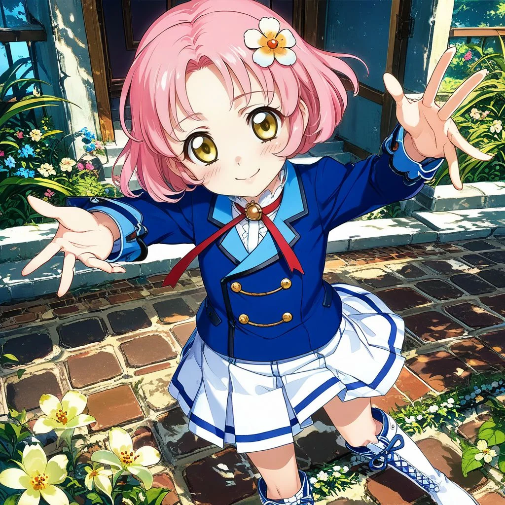 score_9, score_8_up,score_7_up,game cg,official art, uncensored, convenient censoring, covering privates,
rating_safe,rating_questionable,rating_explicit, sexually suggestive,
modeling, expressive hair, expressive clothes,
smile,blush,
reaching towards viewer, Open Hand,
from above, perspective,
<lora:kitaoji:0.8> kitaoji,hair ornament, pink hair,yellow eyes, hair flower, flower, short hair, starlight academy school uniform,,blue jacket,white skirt,blazer white footwear, knee boots,eyelashes,