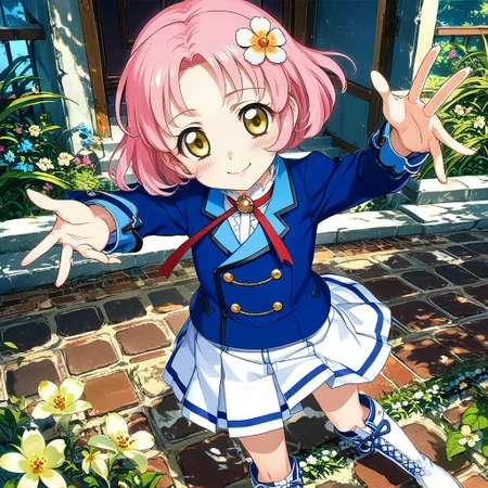 score_9, score_8_up,score_7_up,game cg,official art, uncensored, convenient censoring, covering privates,
rating_safe,rating_questionable,rating_explicit, sexually suggestive,
modeling, expressive hair, expressive clothes,
smile,blush,
reaching towards viewer, Open Hand,
from above, perspective,
<lora:kitaoji:0.8> kitaoji,hair ornament, pink hair,yellow eyes, hair flower, flower, short hair, starlight academy school uniform,,blue jacket,white skirt,blazer white footwear, knee boots,eyelashes,
