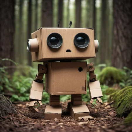 Small robot made out of cardboard boxes, cute robot, rectangular body, compact head, expressive binocular-like eyes, sad and curious appearance, heartbreaking, cute, forest, very sad, lonely, lost place, cyberpunk, desaturated, vibrant colors, dramatic lighting, desaturated background, bokeh, dark theme, soothing tones, depth of field, dramatic backlighting, film grain,