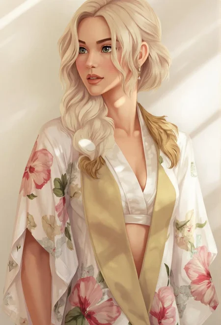 <lora:ck-LttleGhost-000011.safetensors:1> in the style of ck-lttlegh0stSubject: A woman wearing a floral kimono robe.
The subject is a blonde woman with a serene aura about her. She wears a stylish, earthy-toned floral kimono robe that captures attention with its pastel tones and botanical accents. The soft, diffused light enhances the overall calming vibe, emphasizing the gentle colors and delicate patterns on the robe.